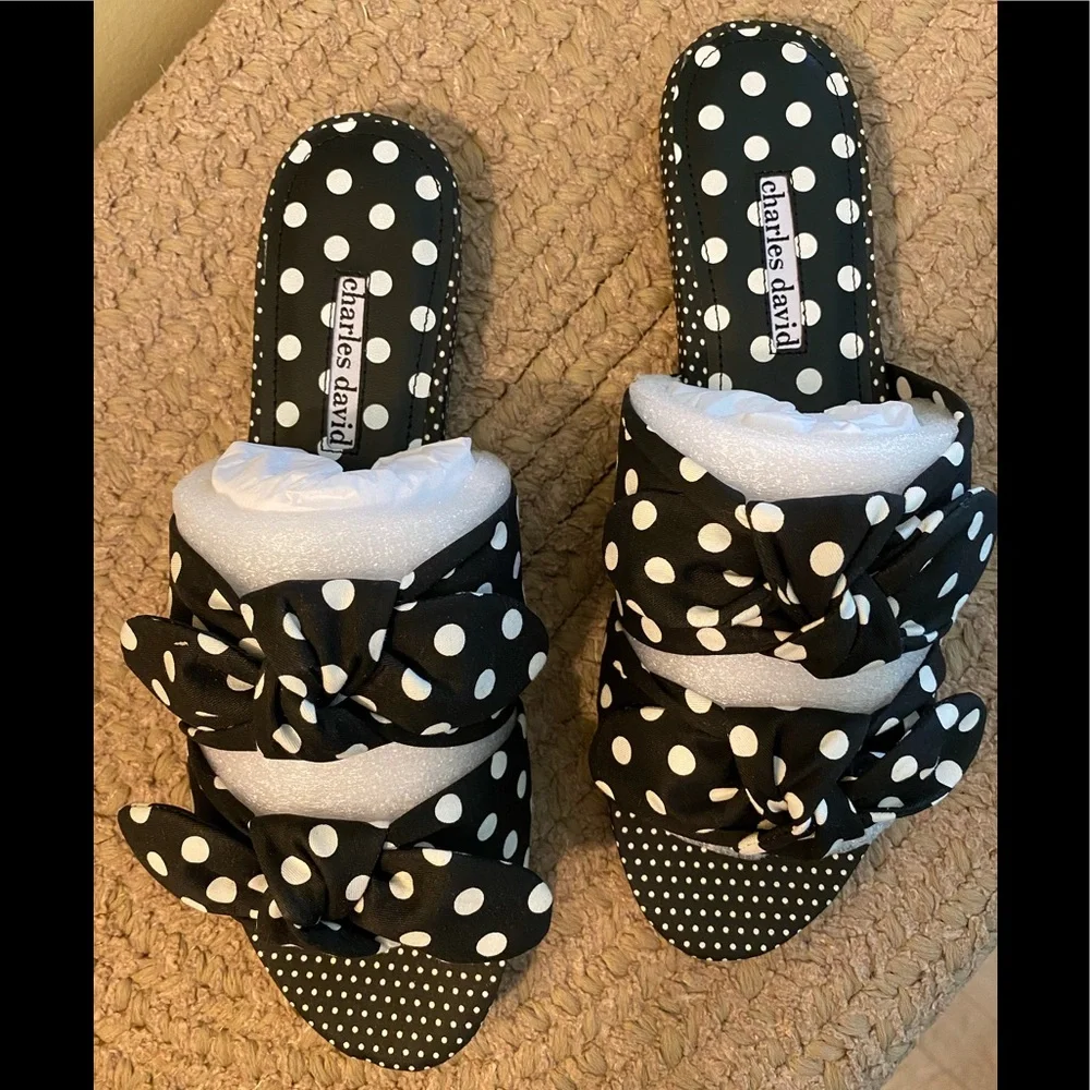 New, Charles David Collection Souffle Sandal, Black & White Polka Dot, Bow, SZ 9